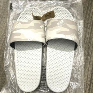 Victoria's Secret Pink Single Strap Slide Sandals Gray Camo Logo Size Large NWT